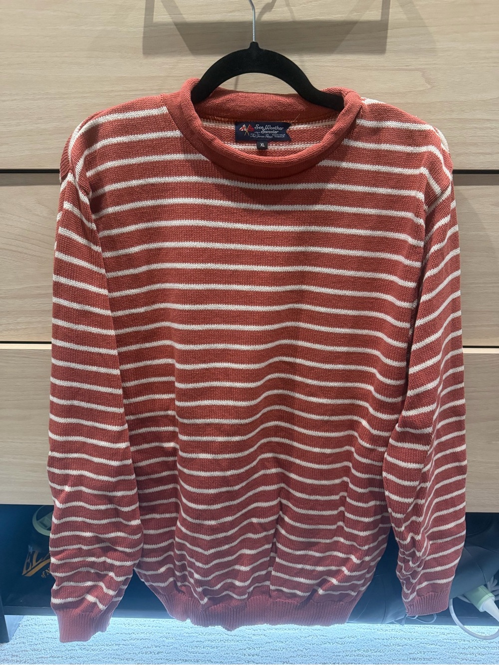 Kiel James Patrick Rust and White Striped Crewneck Sweater